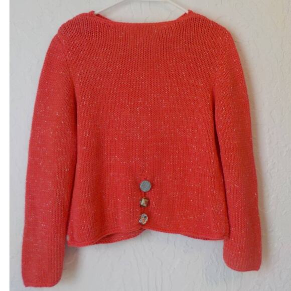 Pure Handknit Orange Cardigan Size S/M Metallic Knit Big Button Coastal Boho - Picture 3 of 13